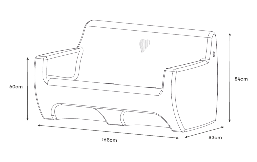Lijntekening met de afmetingen van HappySofa
